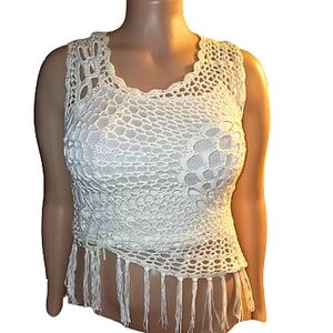 Chic Crochet Lace  Fringe Tank Top - Off White L